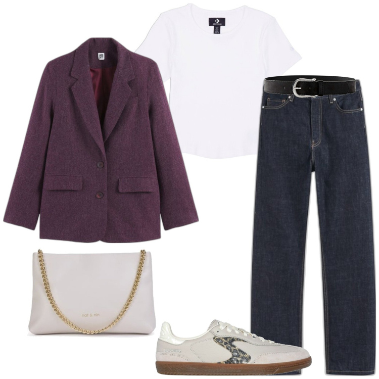 Outfit mujer - Sporty chic #3302. Estilo Sporty chic para Todos los días. Combinación con cinturones, sneakers, blazers, vaqueros rectos, bandoleras, camiseta.