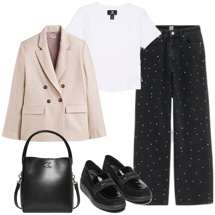 Outfit mujer - Casual chic #16362. Estilo Casual chic para Oficina. Combinación con mocasines, blazers, vaqueros pata de elefante, bolsos saco, camiseta.
