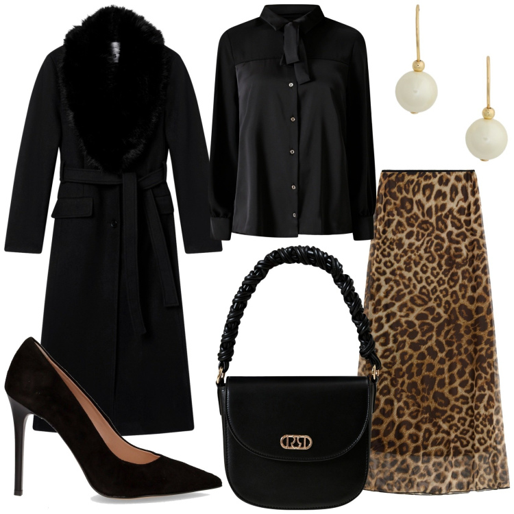 Outfit donna - Serata fuori casa. Stile Glamour per Serata fuori. Abbinamento con cappotti, borse a mano, camicie, gonne lunghe, orecchini, décolleté.