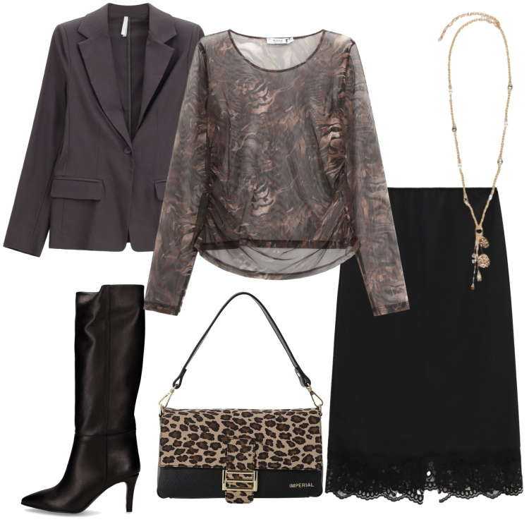 Outfit donna - Gonna & stivali. Stile Chic per Serata fuori. Abbinamento con maglieria, blazer, borse a spalla, gonne longuette, ciondoli, stivali.