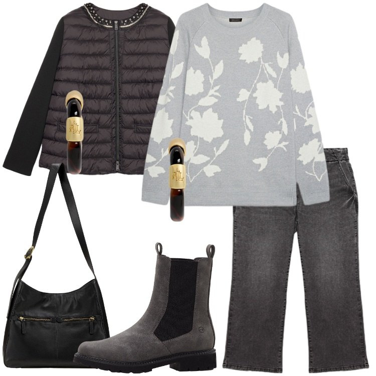 Outfit donna - Maglia con motivo floreale all-over. Stile Basic per Tutti i giorni. Abbinamento con borse a mano, stivaletti chelsea, orecchini, jeans, piumini, maglieria.