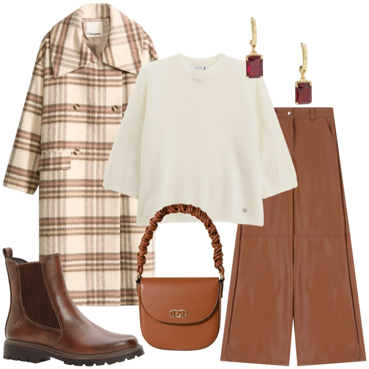 Outfit donna - Un caldo abbraccio. Stile Casual chic per Tutti i giorni. Abbinamento con cappotti, stivaletti chelsea, pullovers, borse a mano, pantaloni a palazzo, orecchini.