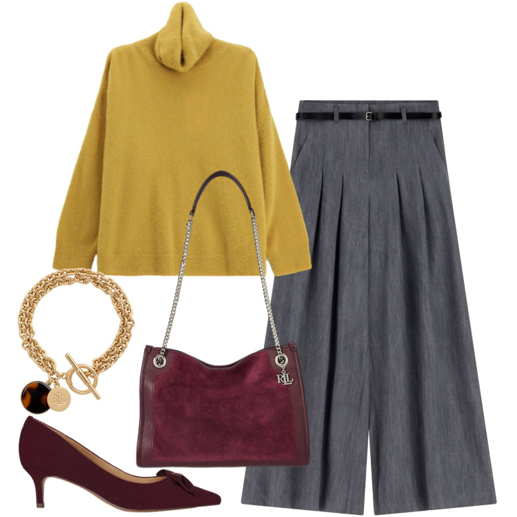 Outfit donna - Maglioni avvolgenti. Stile Chic per Ufficio. Abbinamento con pantaloni a palazzo, maglieria, braccialetti con ciondoli, décolleté, borse tote.