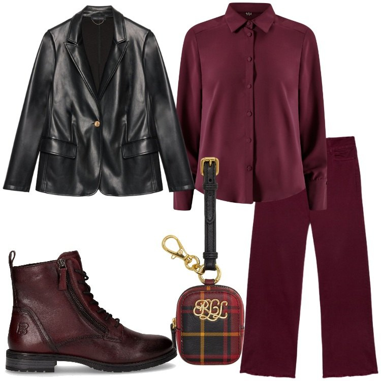 Outfit donna - Autunno in rosso - Focus Donna Curvy. Stile Urban per Tutti i giorni. Abbinamento con camicie, pochette, blazer, anfibi, jeans dritti.