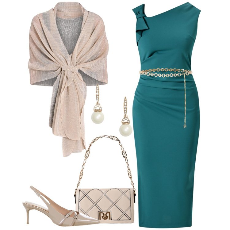 Outfit donna - Il tubino ottanio. Stile Chic per Cerimonia. Abbinamento con stole, borse a tracolla, décolleté, cinture, vestiti a tubino, orecchini.