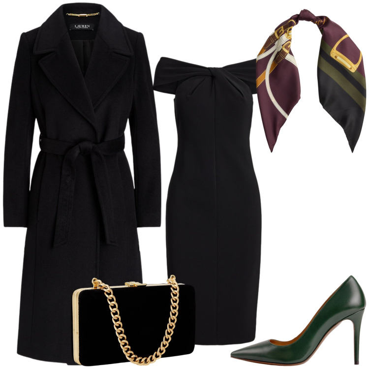 Outfit donna - Quel tocco di verde. Stile Glamour per Serata fuori. Abbinamento con clutch, cappotti, décolleté, vestiti a tubino, foulard.