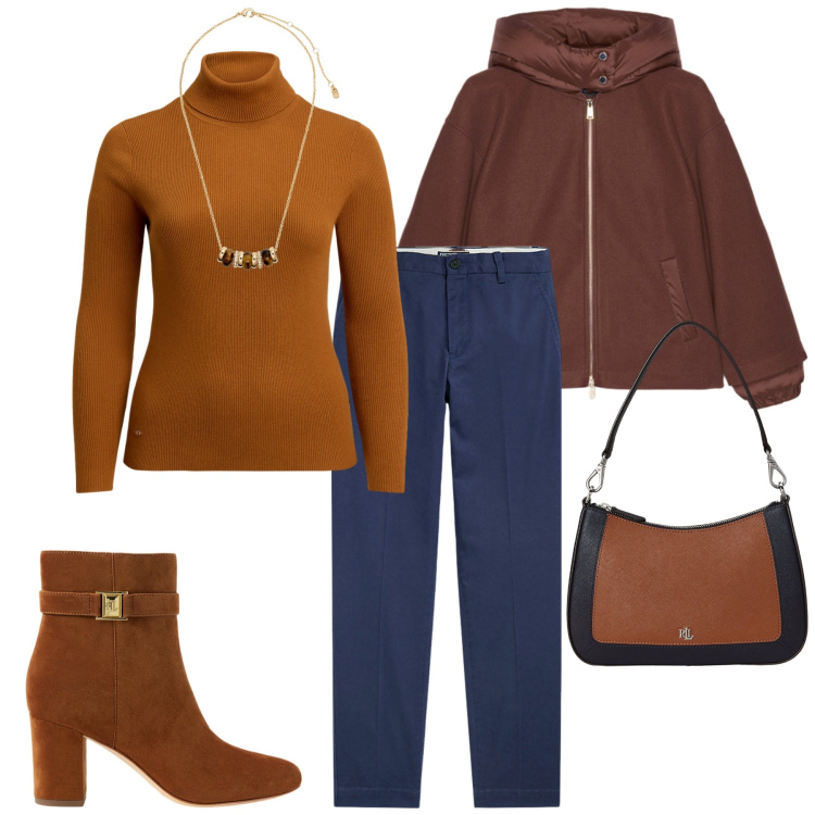 Outfit donna - Total look #2258546. Stile Trendy per Ufficio. Abbinamento con pantaloni chino, collane, maglieria, stivaletti, borse a spalla, bomber.