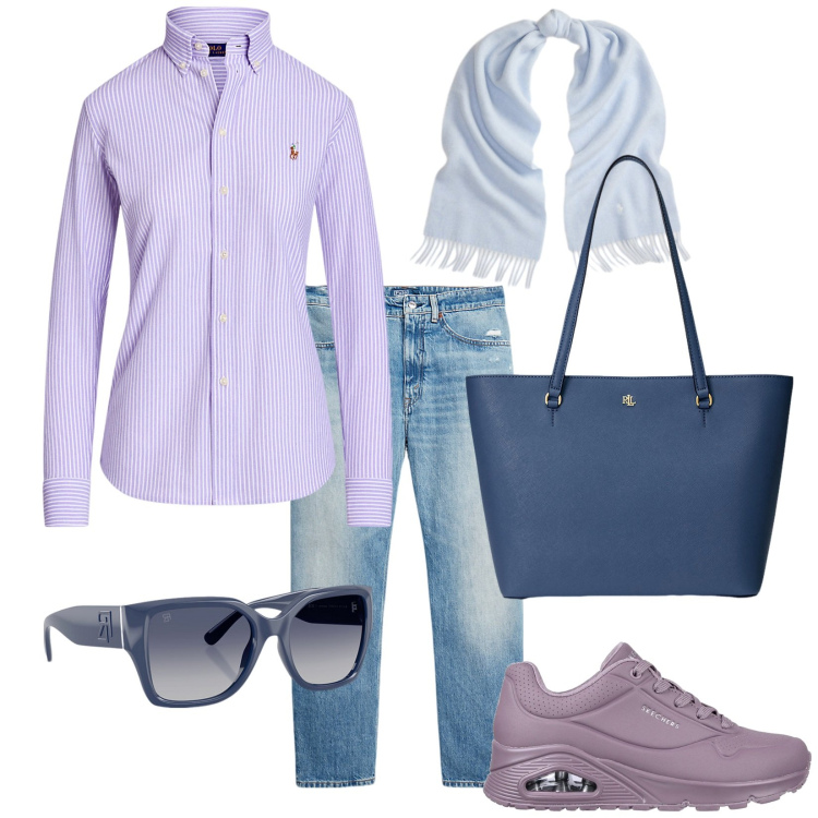 Outfit donna - Quotidiana. Stile Casual per Tutti i giorni. Abbinamento con borse tote, jeans, occhiali da sole, sciarpe, camicie, scarpe stringate.