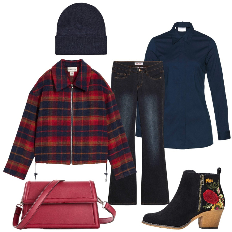 Outfit donna - In città con Bonprix. Stile Urban per Tutti i giorni. Abbinamento con jeans bootcut, stivaletti, camicie, borse a tracolla, blazer, berretti.