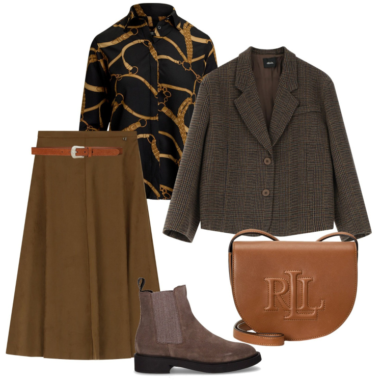 Outfit donna - Giornate lavorative. per Ufficio. Abbinamento con blazer, gonne longuette, borse a tracolla, cinture, camicie, stivaletti chelsea.
