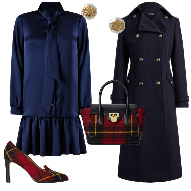 Outfit donna - British style. per Serata fuori. Abbinamento con vestiti chemisier, cappotti, orecchini, décolleté, borse a mano.