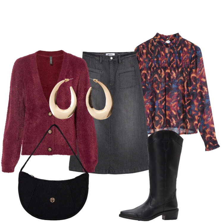 Outfit donna - Rosso autunno. Stile Casual chic per Ufficio. Abbinamento con gonne longuette, bluse, cardigans, orecchini, stivali, borse a mano.
