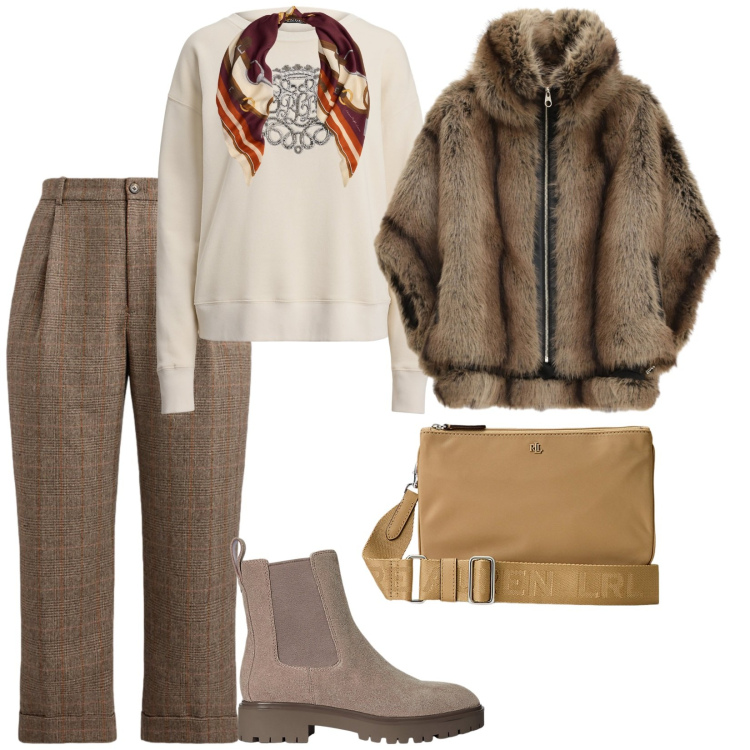 Outfit donna - Giornate fredde. per Tutti i giorni. Abbinamento con blazer, pantaloni, stivaletti chelsea, borse a tracolla, pullovers, foulard.