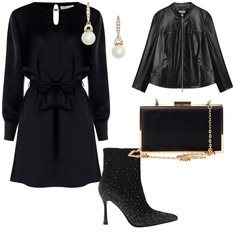 Outfit donna - Sabato sera. per Serata fuori. Abbinamento con pochette, vestiti corti, stivaletti, orecchini, giacche.