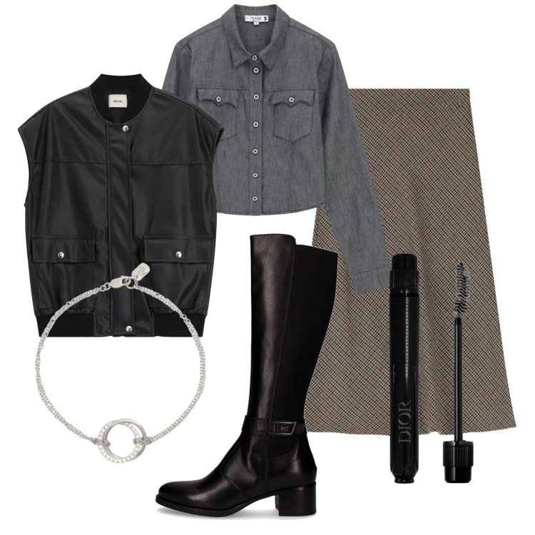 Outfit donna - Autunno 2025. Stile Trendy per Tutti i giorni. Abbinamento con mascara, camicie, gonne lunghe, gilet, braccialetti, stivali.