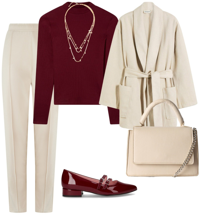 Outfit donna - Passeggiata in centro. per Tutti i giorni. Abbinamento con blazer, collane, borse a tracolla, t-shirt, pantaloni, ballerine.