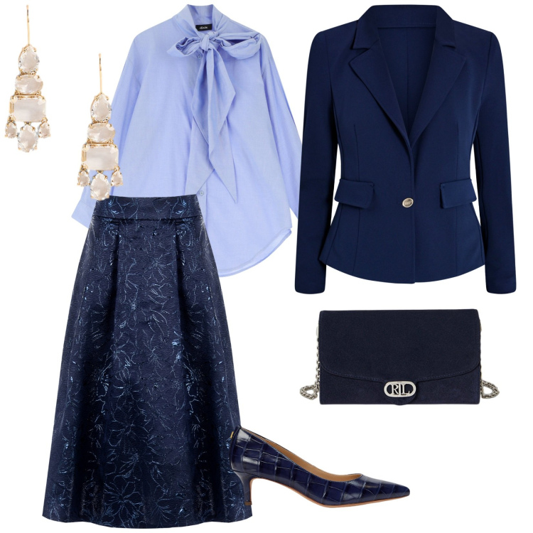 Outfit donna - Cerimonia in blu. per Cerimonia. Abbinamento con gonne longuette, blazer, camicie, décolleté, borse a tracolla, orecchini.