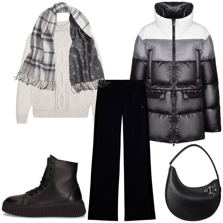 Outfit donna - Total look #2258583. Stile Casual per Tutti i giorni. Abbinamento con piumini, maglieria, pantaloni, borse a spalla, sciarpe, anfibi.