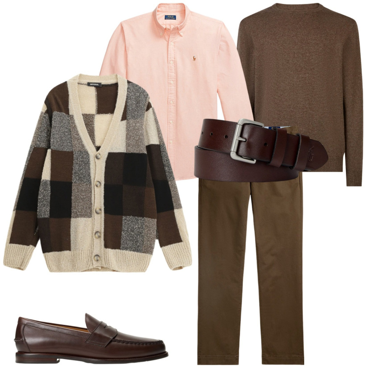 Outfit uomo - Total look #2258585. Stile Casual per Ufficio. Abbinamento con cardigans, cinture, camicie, pantaloni chino, scarpe stringate, maglieria.