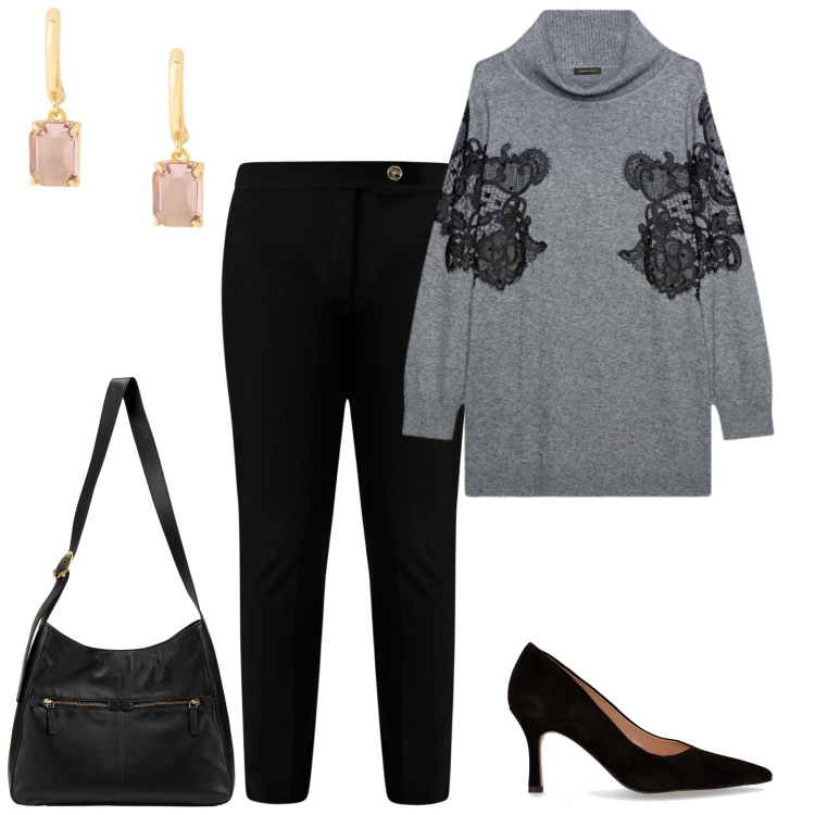 Outfit donna - Maglioni avvolgenti - curvy. Stile Casual chic per Ufficio. Abbinamento con borse a mano, pantaloni skinny, orecchini, décolleté, maglieria.