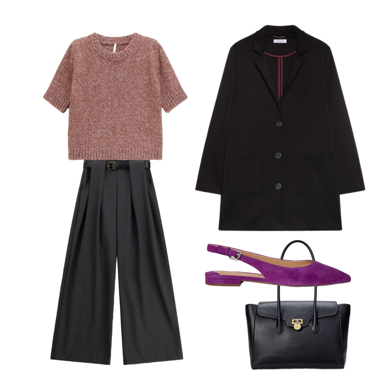 Outfit donna - Autumn. Stile Casual chic per Tutti i giorni. Abbinamento con maglieria, pantaloni a palazzo, borse a mano, ballerine, cappotti.