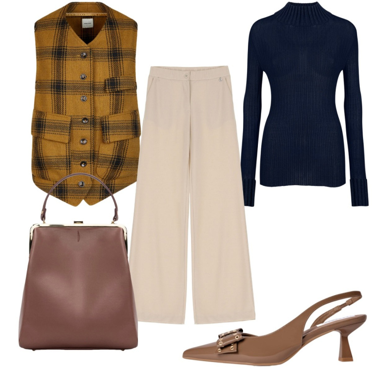 Outfit donna - Total look #2258604. Stile Trendy per Tutti i giorni. Abbinamento con décolleté, pantaloni, gilet, borse a spalla, maglieria.