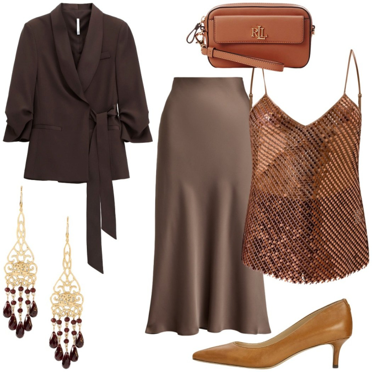 Outfit donna - Glamour autunnale. Stile Glamour per Serata fuori. Abbinamento con canottiere, blazer, décolleté, pochette, gonne, orecchini.
