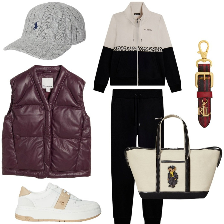Outfit donna - Sporty chic in città. Stile Sporty chic per Tutti i giorni. Abbinamento con piumini, tute, sneakers, cappelli, portachiavi, borse tote.