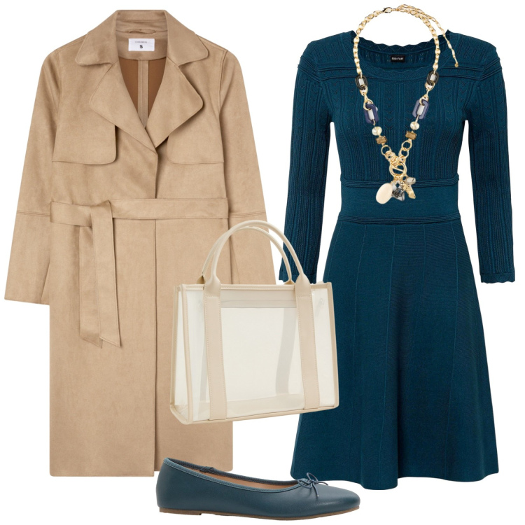 Outfit donna - Ottanio in ottobre. Stile Casual chic per Tutti i giorni. Abbinamento con vestiti, ballerine, trench, borse tote, collane.