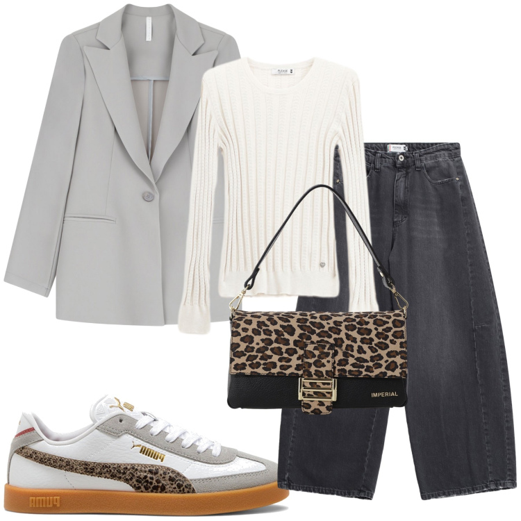 Outfit donna - Sportive in animalier. Stile Casual chic per Tutti i giorni. Abbinamento con jeans, pullovers, blazer, borse a spalla, sneakers.