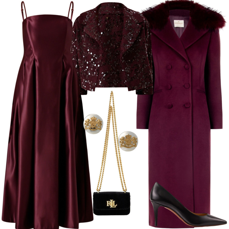 Outfit donna - Il bordeaux per eventi dopo il tramonto. Stile Glamour per Cerimonia. Abbinamento con vestiti lunghi, blazer, cappotti, orecchini, décolleté, pochette.
