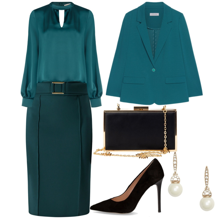 Outfit donna - Total look #2258616. Stile Bon Ton per Serata fuori. Abbinamento con gonne, bluse, pochette, orecchini, blazer, décolleté.