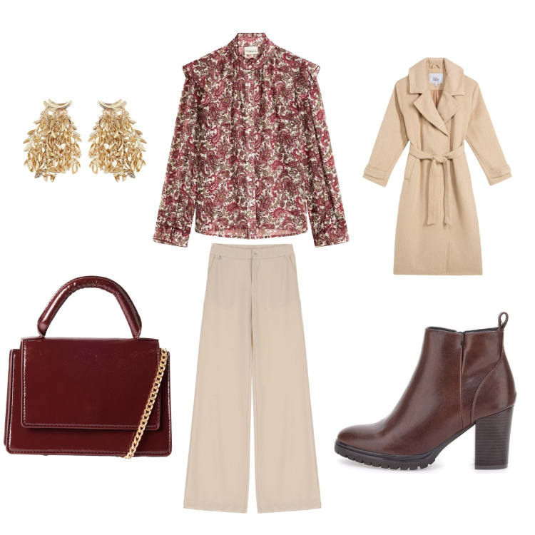 Outfit donna - Feulles d’automne. Stile Chic per Ufficio. Abbinamento con cappotti, camicie, borse a tracolla, pantaloni, orecchini, stivaletti.