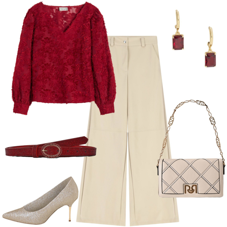Outfit donna - Autunno in rosso. Stile Chic per Ufficio. Abbinamento con bluse, cinture, borse a tracolla, décolleté, pantaloni a palazzo, orecchini.