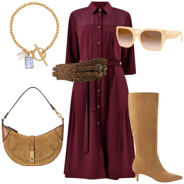 Outfit donna - City. Stile Urban per Tutti i giorni. Abbinamento con cinture, vestiti chemisier, stivali, occhiali da sole, braccialetti, borse a spalla.