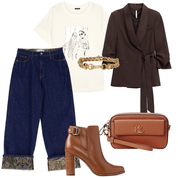 Outfit donna - Sabato. per Tutti i giorni. Abbinamento con jeans, blazer, stivaletti, pochette, braccialetti, t-shirt.
