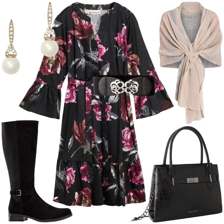 Outfit donna - Serata Romantica. Stile Romantica per Serata fuori. Abbinamento con vestiti chemisier, cinture, stivali, borse a mano, stole, orecchini.