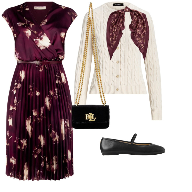 Outfit donna - Aperitivo. per Tutti i giorni. Abbinamento con vestiti midi/longuette, cardigans, ballerine, pochette, foulard.