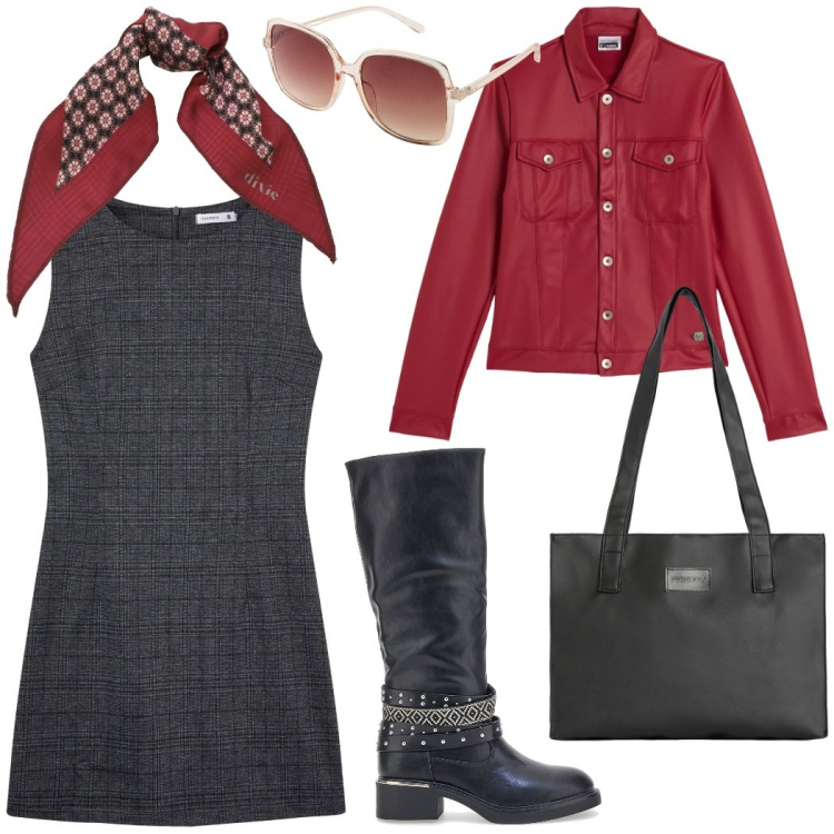Outfit donna - Urban style. Stile Casual chic per Tutti i giorni. Abbinamento con occhiali da sole, vestiti senza maniche, foulard, shopping bag, giacche, stivali.