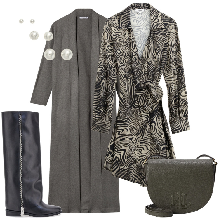 Outfit donna - Cardigan lungo. Stile Casual chic per Serata fuori. Abbinamento con cardigans, vestiti corti, orecchini, borse a tracolla, stivali.