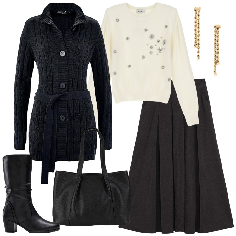 Outfit donna - Maglioni avvolgenti - curvy. Stile Casual chic per Tutti i giorni. Abbinamento con cardigans, gonne longuette, shopping bag, stivali, maglieria, orecchini.