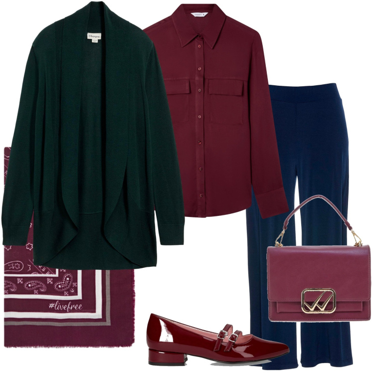 Outfit donna - Il ritorno del blu. Stile Basic per Ufficio. Abbinamento con pantaloni culotte, cardigans, camicie, borse a tracolla, ballerine, foulard.