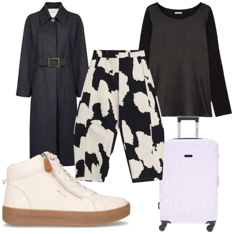 Outfit donna - Total look #2258631. Stile Trendy per Tutti i giorni. Abbinamento con pantaloni a palazzo, bluse, sneakers, cappotti, valigie.