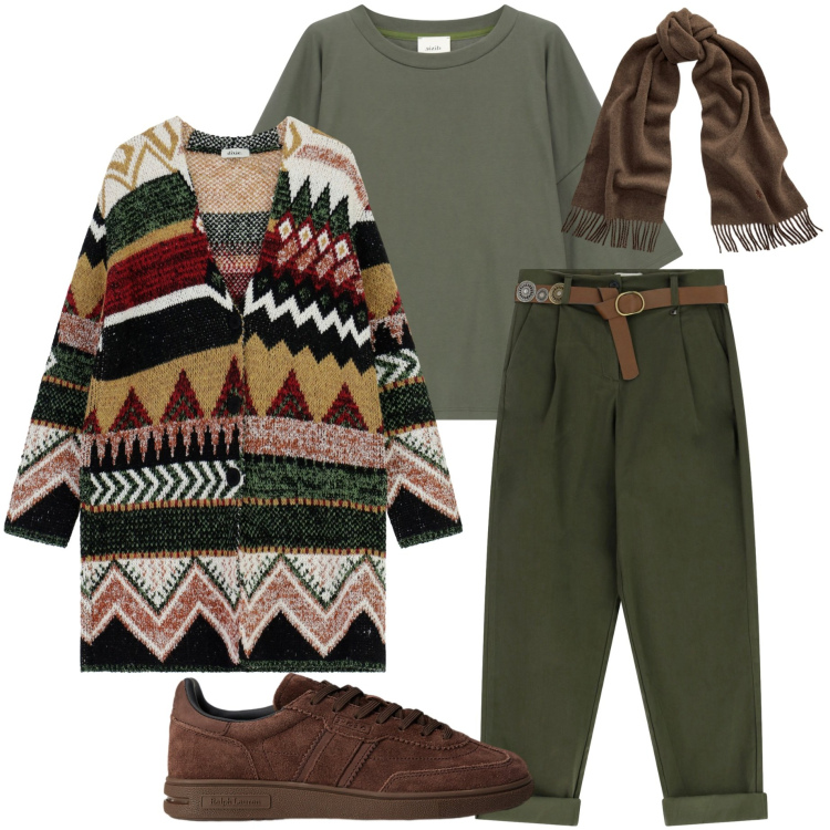 Outfit donna - Cardigan di lana. Stile Casual chic per Tutti i giorni. Abbinamento con t-shirt, pantaloni, cappotti, sciarpe, sneakers.