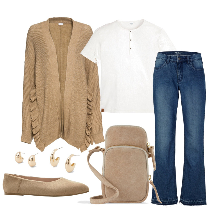 Outfit femme - October. Style Casual pour Tous les jours. Assortir avec gilets, jean coupe droite, pochette, ballerines, t-shirts, boucles d'oreilles.