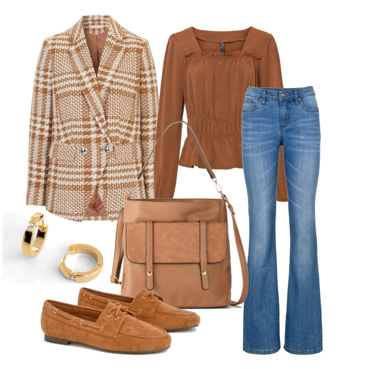 Outfit femme - Octobre. Style Casual chic pour Tous les jours. Assortir avec blazers, tuniques, jean bootcut, boucles d'oreilles, sacs à main, mocassins.