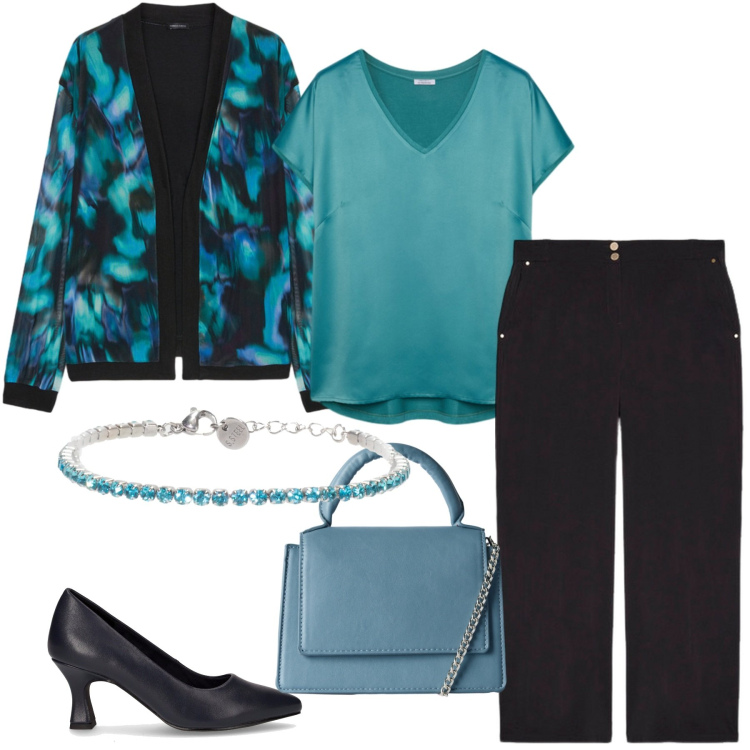 Outfit donna - Ottanio power. Stile Casual chic per Cerimonia. Abbinamento con borse a tracolla, braccialetti, bluse, décolleté, blazer, pantaloni.