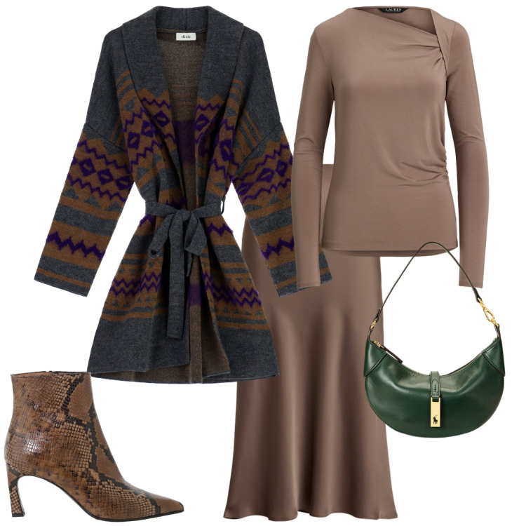 Outfit donna - Contrasti. Stile Casual chic per Serata fuori. Abbinamento con stivaletti, cappotti, borse a spalla, gonne, top.