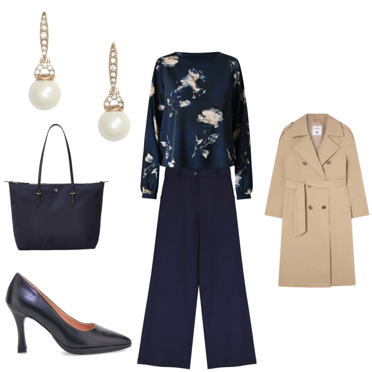 Outfit donna - Nel blu dipinto di blu. Stile Bon Ton per Tutti i giorni. Abbinamento con trench, bluse, pantaloni a palazzo, borse tote, orecchini, décolleté.