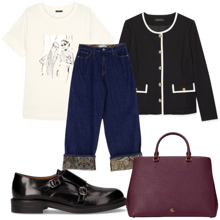 Outfit donna - Total look #2258644. Stile Trendy per Tutti i giorni. Abbinamento con jeans, borse a mano, mocassini, blazer, t-shirt.
